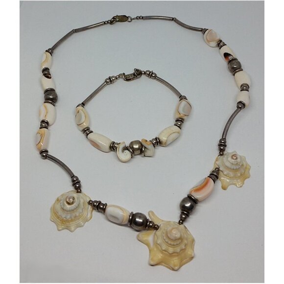 VINTAGE artisan sterling silver beach boho sea shells necklace & bracelet set - Picture 2 of 8